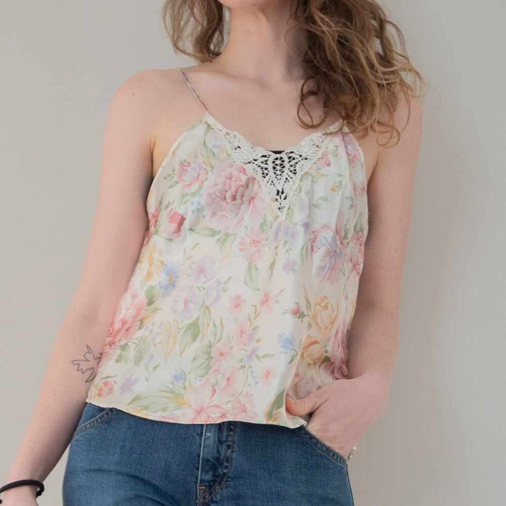 Vintage Floral Satin Cream Girlhood Cottage Coquette Summer Festival Tank Top